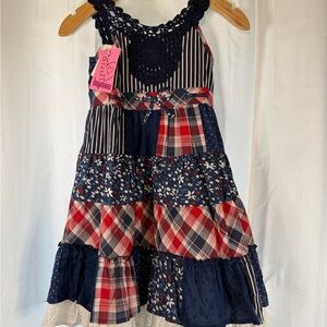 Girls Navy & Red Patchwork Sundress - Crochet Yoke (5/6)